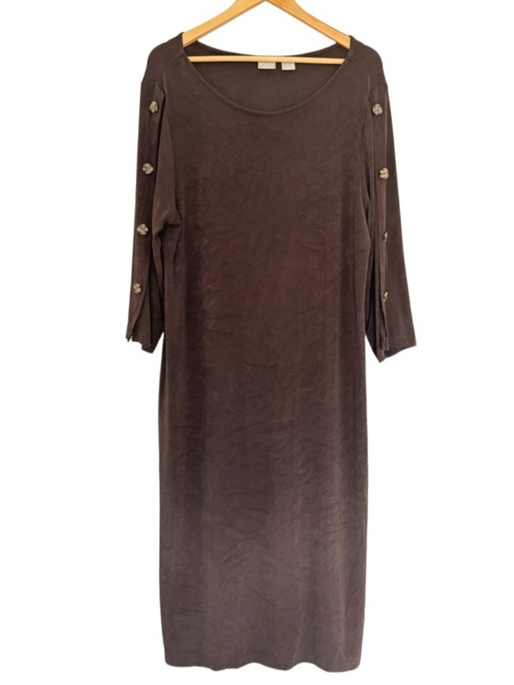 Chico's Travelers Brown Knit Midi Dress Size 3 (US 16/18) Button Sleeve Stretch